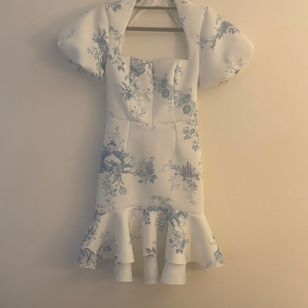 Girls Floral White and Blue Ruffle Hem Dress